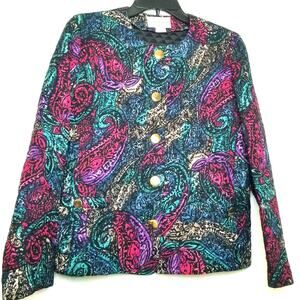 Stephen Douglas Ltd Quilted Paisley Button up Blazer Multicolor Long Slvs Sz 12
